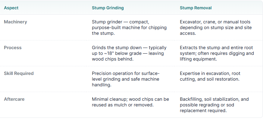 difference between stump grinding and stump removal